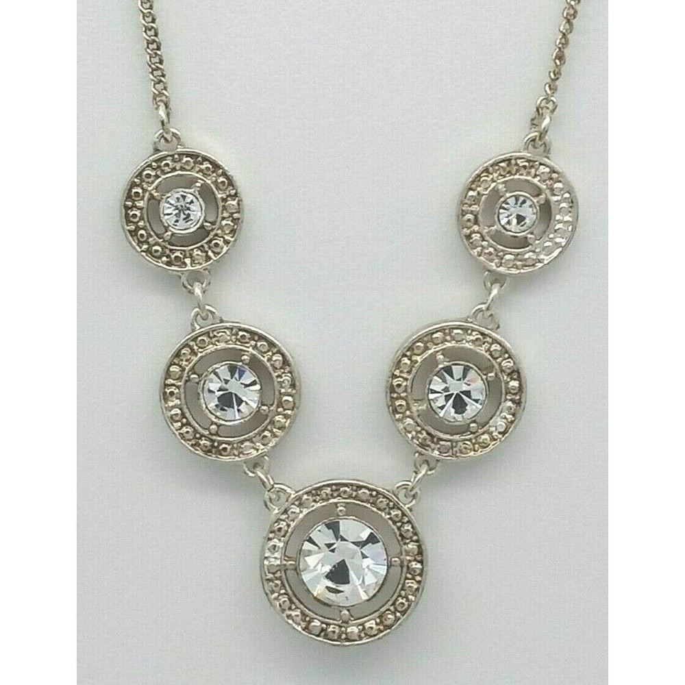 Clear Rhinestone Circle Necklace Silver Tone Chain Vintage Avon NRT Sparkly!